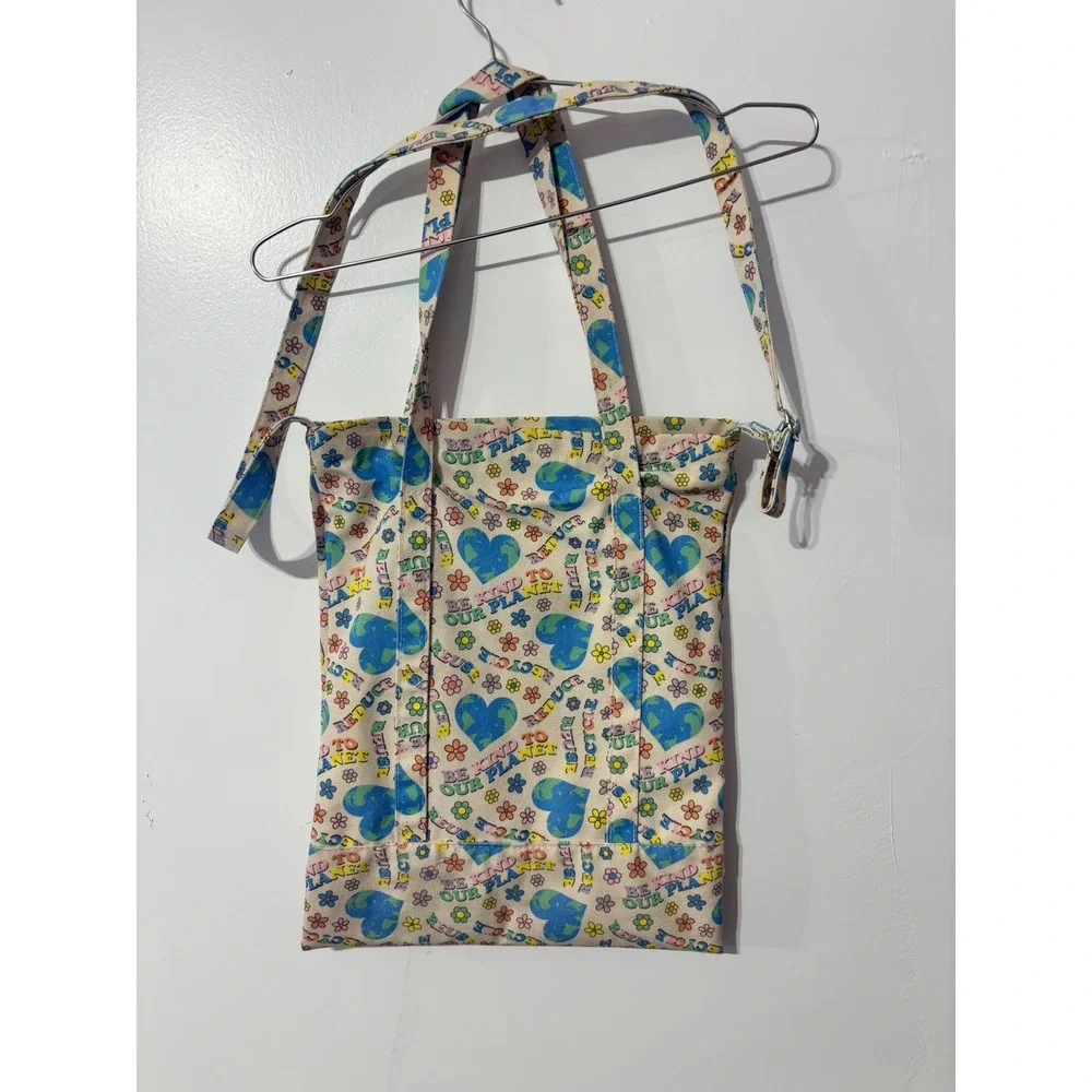 Be Kind to Our Planet Canvas Tote Bag Crossbody Cream Multicolor Eco Friendly